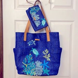 Vera Bradley Navy Blue Beach Bag&Matching Clutch